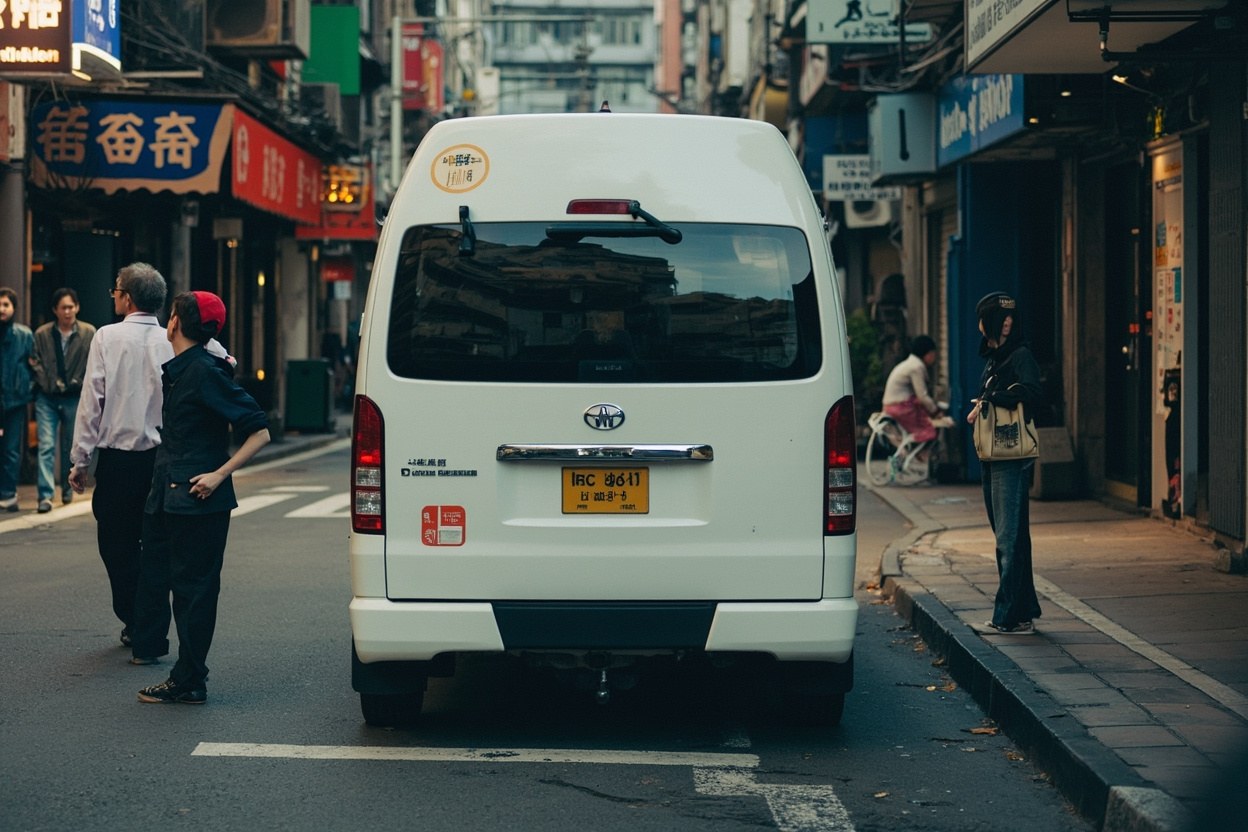 White seven seat Alphard minivan parked at a kerbside cross border taxi pickup in Hong Kong street scene