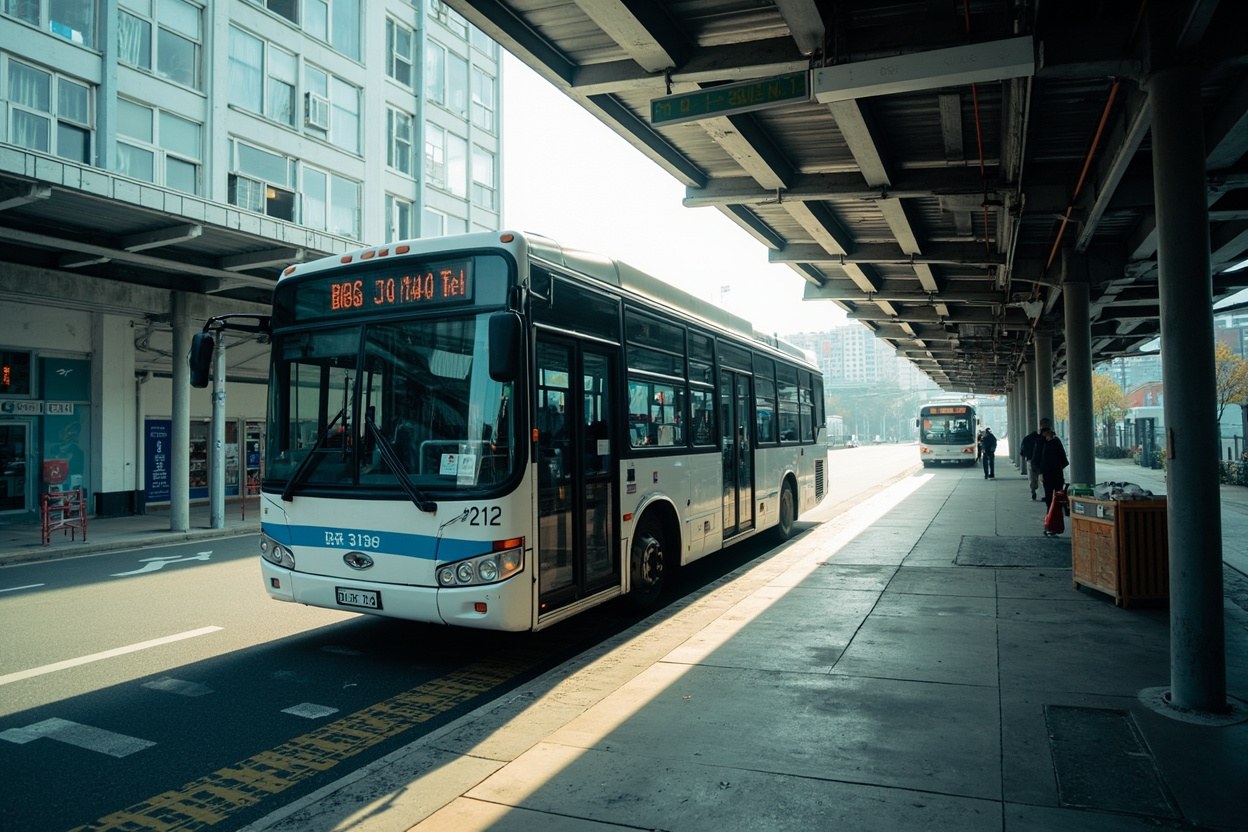 A white single-deck bus with a blue B12 route number pulling into a covered drop-off deck with daylight overhead