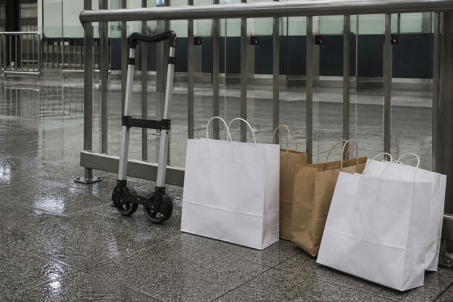Plain shopping bags and a folded trolley on a wet tiled floor.