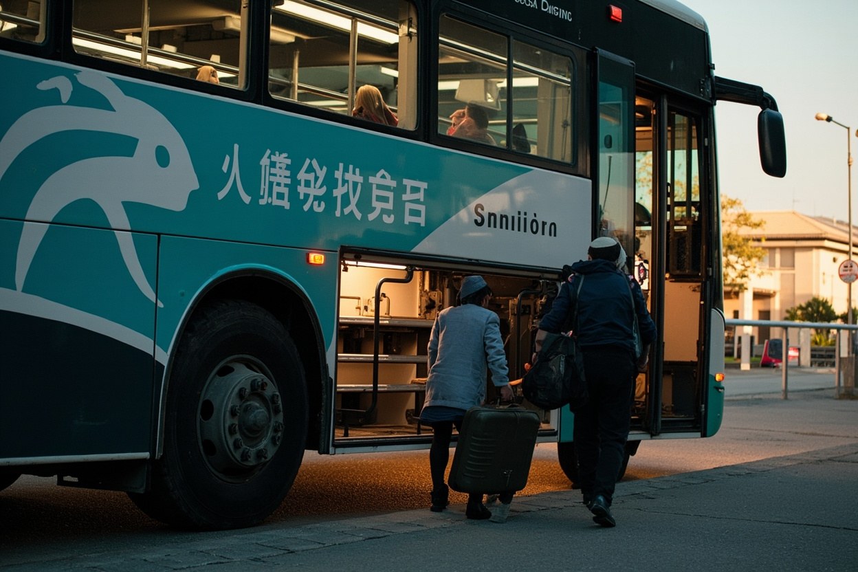 Cross-border coach parked at the Luohu coach terminal in late afternoon with luggage being loaded into the hold by the driver.