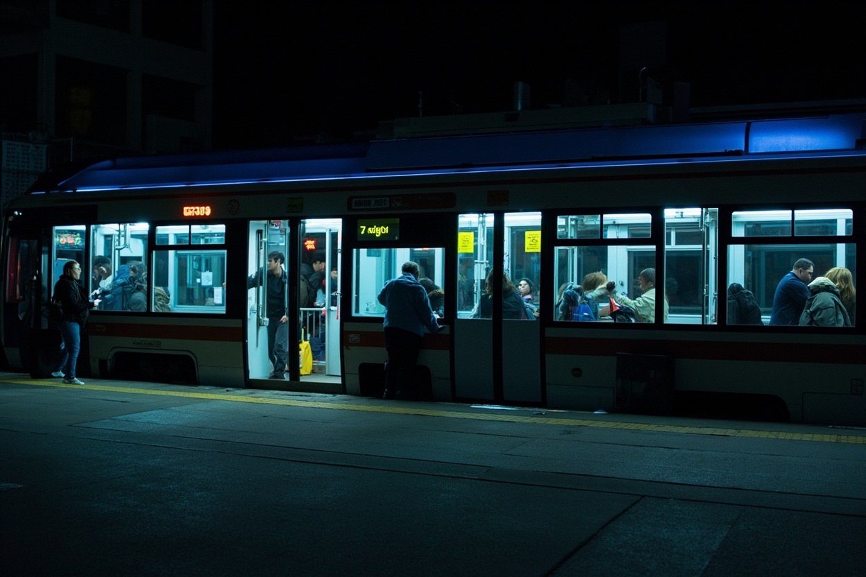 A cross-boundary coach waiting at the Huanggang port departure area at night under platform lights