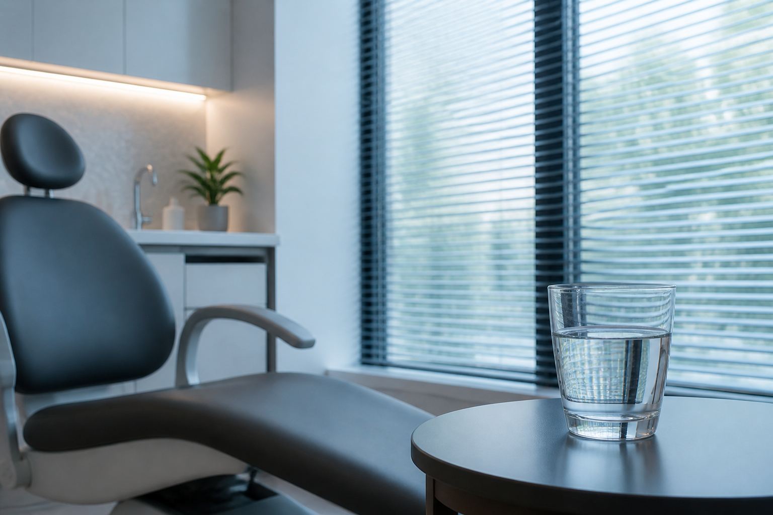 A clinic waiting chair and a glass of water in daylight.