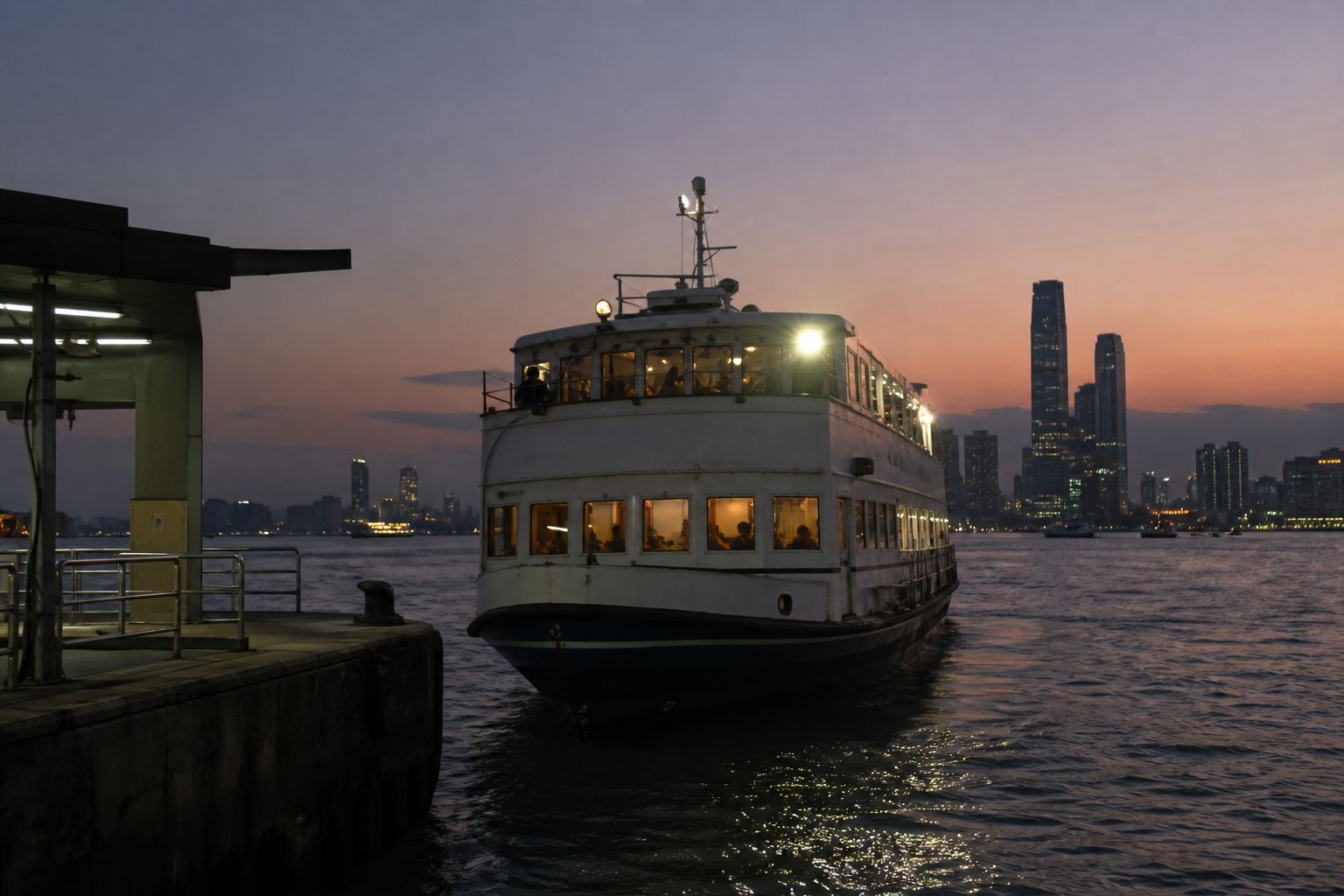 A passenger ferry approaching a concrete pier at dusk.