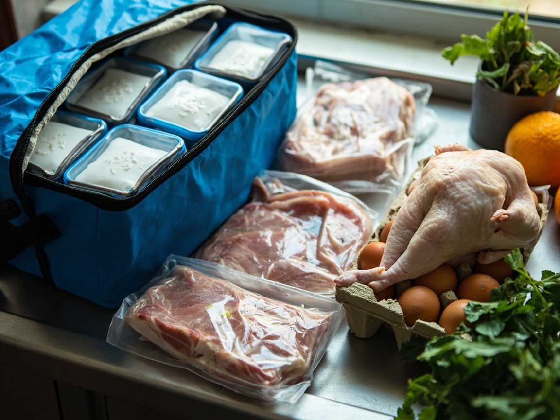 A blue insulated cool bag with ice packs on a steel kitchen counter, next to vacuum-packed raw pork, a whole raw chicken, a tray of brown eggs, leafy greens and oranges.