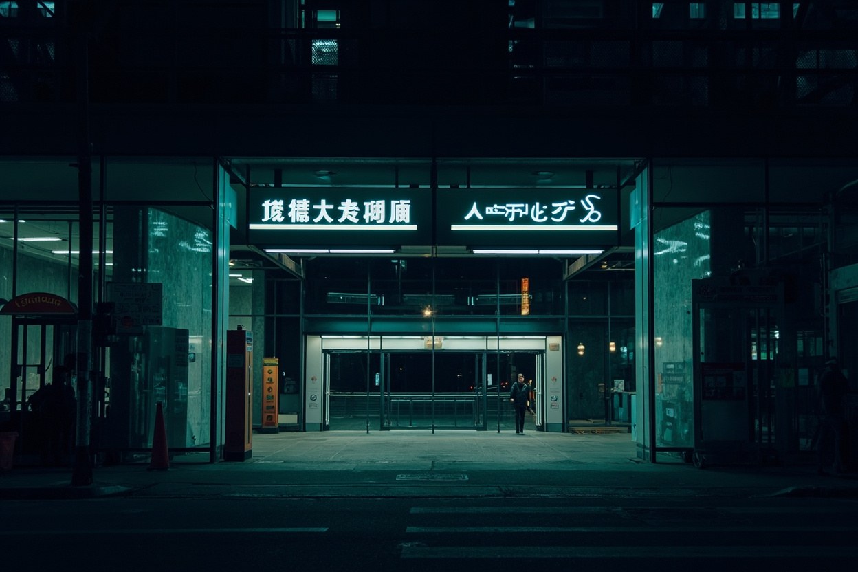 Futian Checkpoint station entrance at night, glass facade lit from inside, the Lok Ma Chau bridge crossing visible in the background under a clear Shenzhen evening sky.