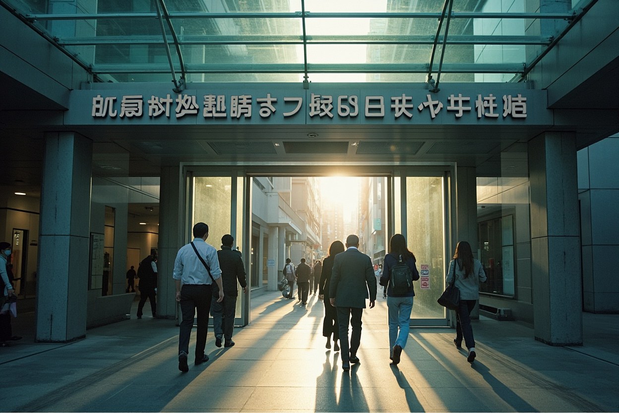 Pedestrians entering Futian Control Point through the glass canopy on a Saturday morning, daylight
