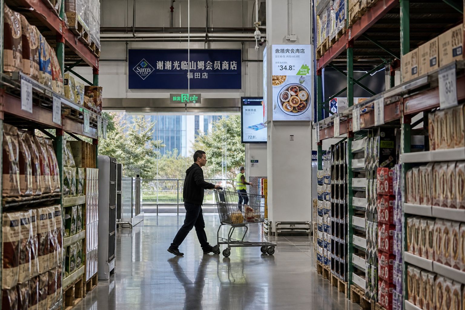 A Sam's Club warehouse aisle — pick the store, then the crossing.