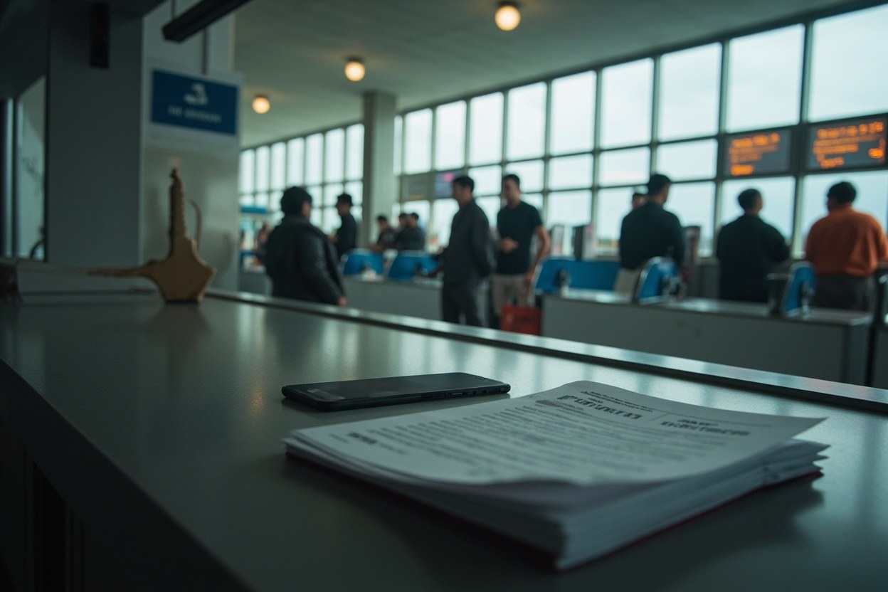 Hong Kong resident documents and a phone on a counter at a checkpoint interior