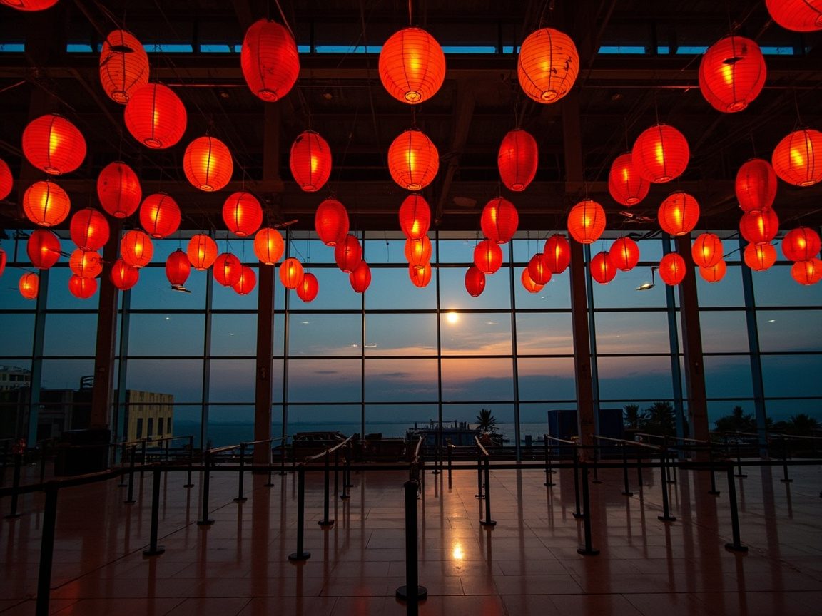 Rows of glowing red paper lanterns hanging above empty queue barriers in a glass-walled hall at dusk, with a full moon over the water outside.