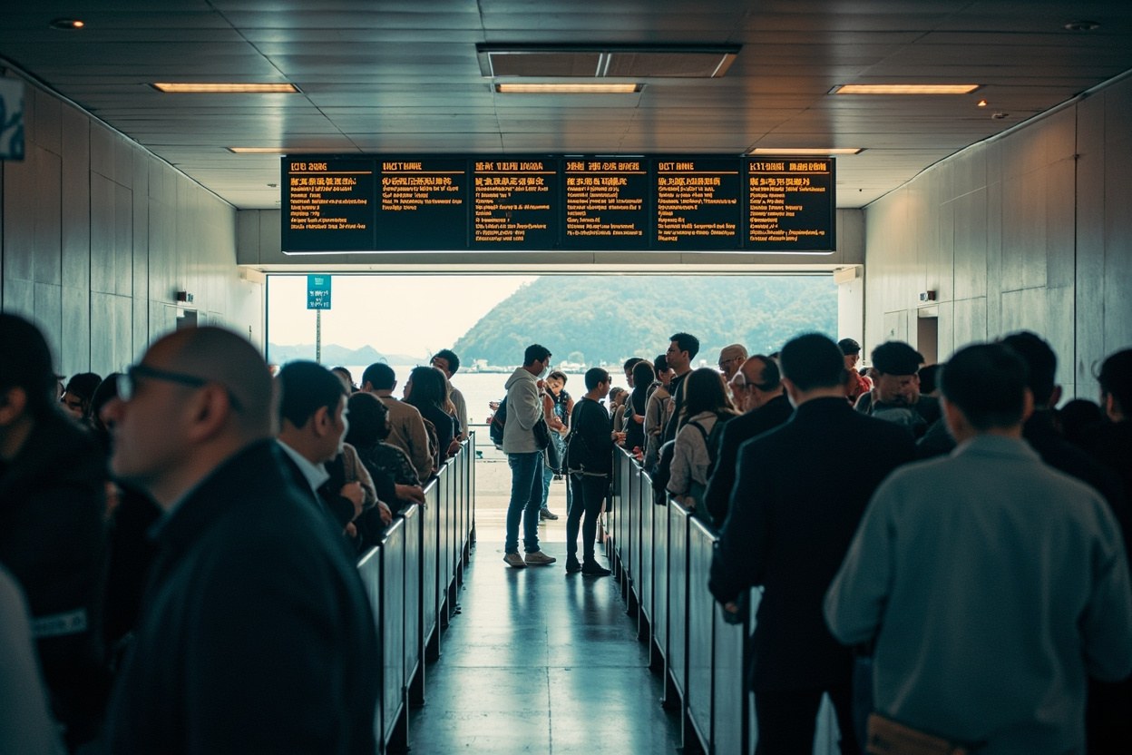 Interior of Hong Kong China Ferry Terminal with passengers queuing at departure gates, a departures board showing Shekou sailings, polished floor, bright interior