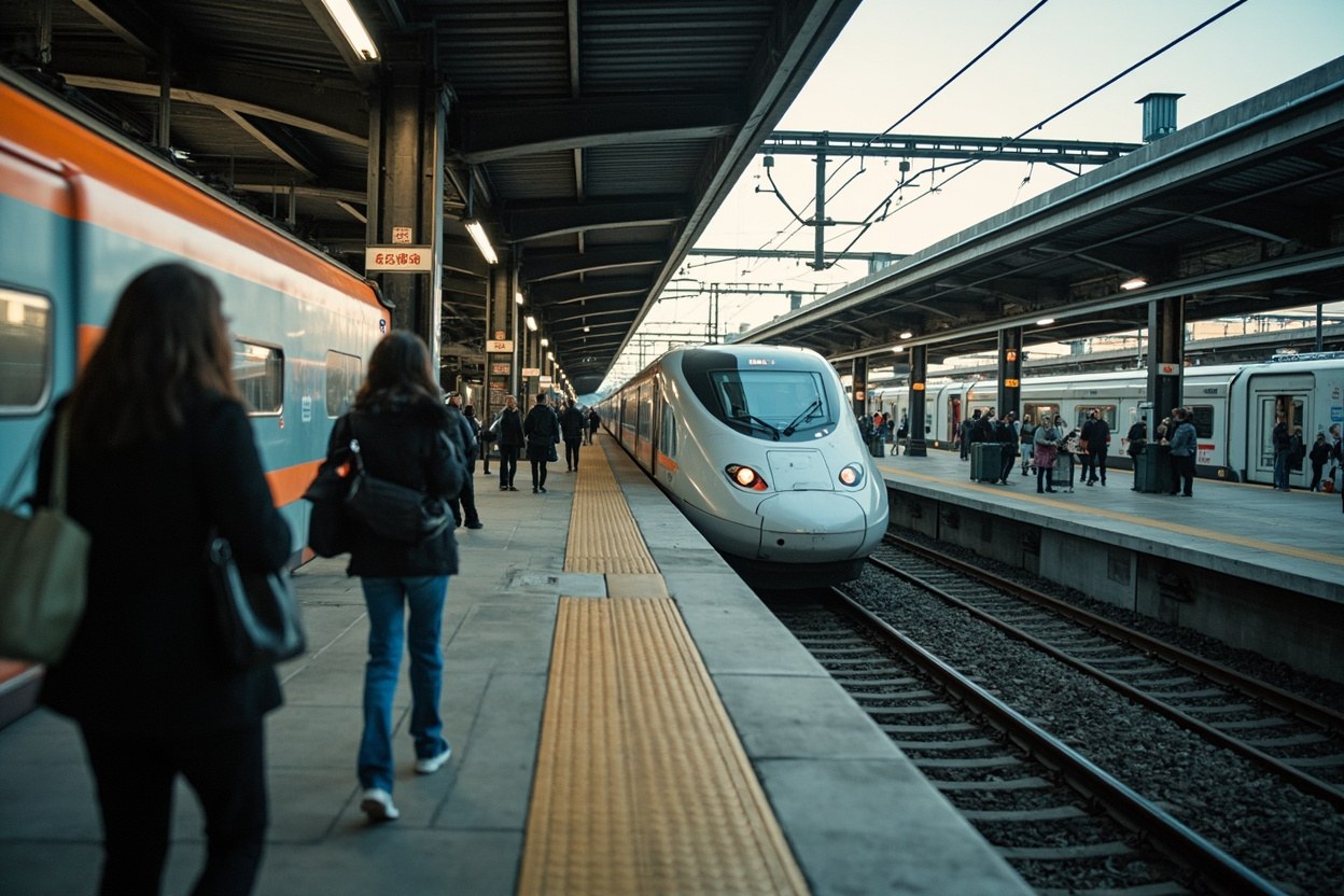 Wide shot of the Futian high-speed rail platform with a short-hop train waiting and passengers boarding in soft daylight.