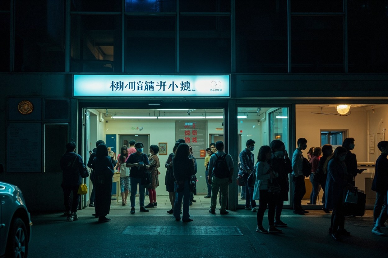 Huanggang Port arrivals hall just after midnight with the face scan lanes lit up and a small queue of late night arrivals walking through into Shenzhen in October 2026.