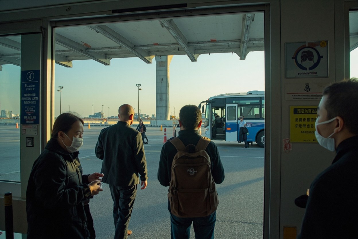 Cross border coach loading at Huanggang Port on the Shenzhen side, late afternoon