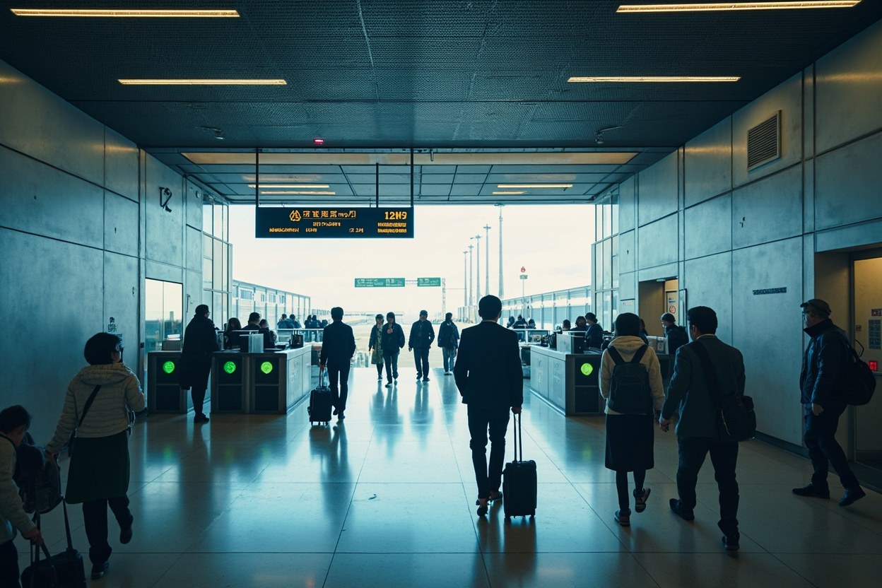 Wide interior of a modern port concourse with travellers walking toward immigration lanes under bright overhead lighting