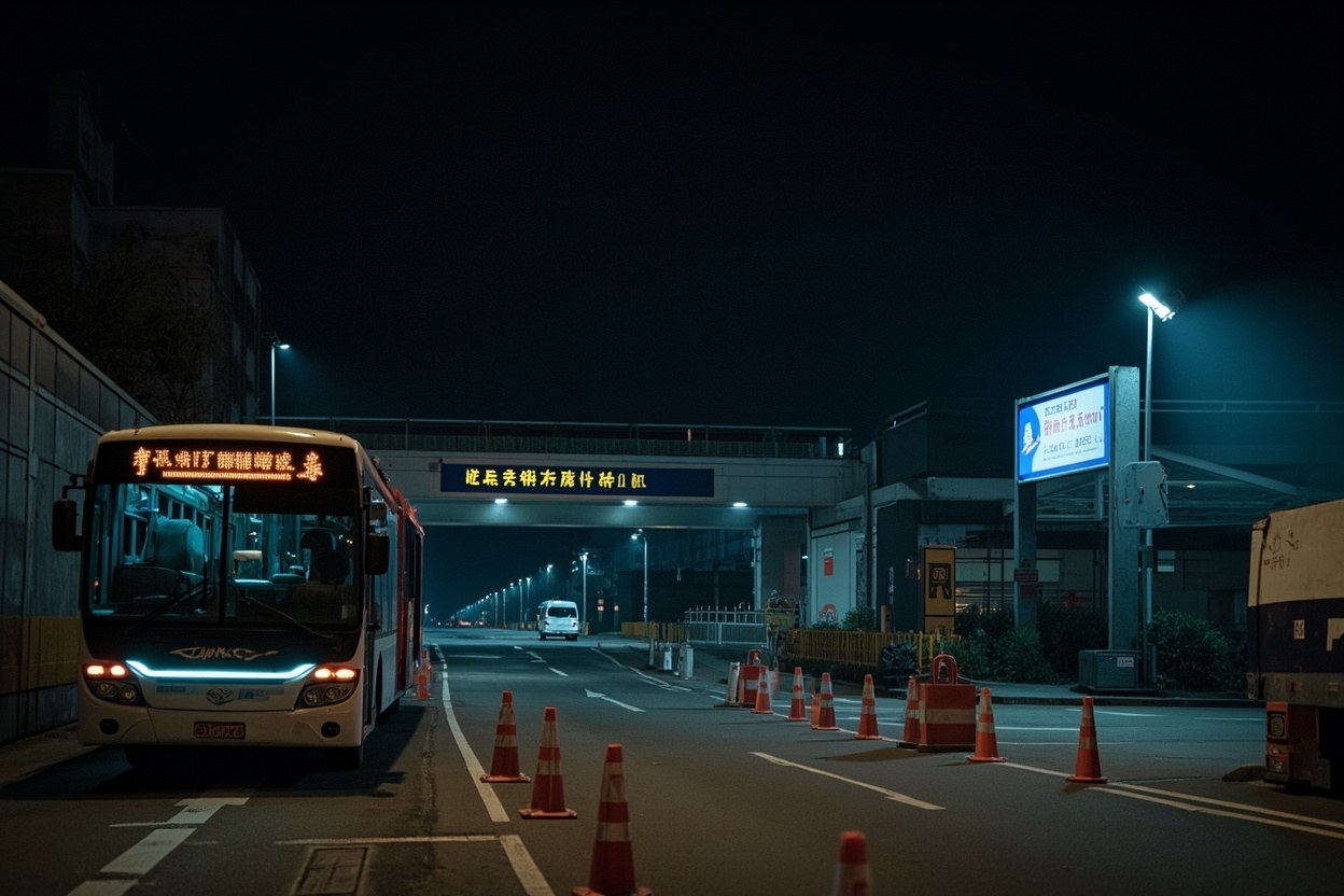 Empty Huanggang border control approach at night with road cones and a single coach waiting in the inspection area