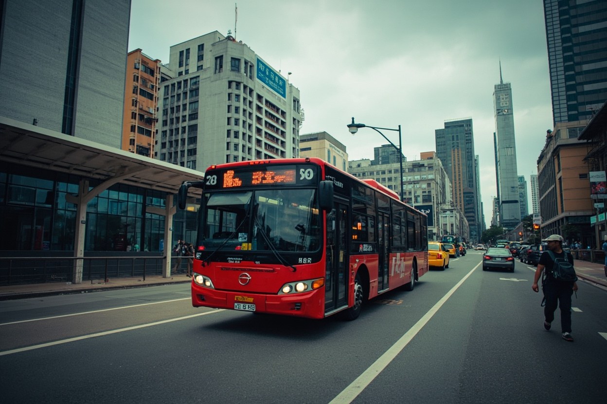 Hung Hom Bypass coach stop with a red city bus pulling out on a cloudy morning in the city