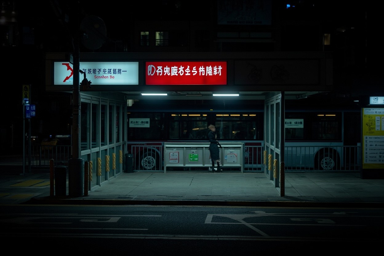 Lit coach shelter at Austin station in Kowloon at night with a red sign for the cross border bus bay near a taxi stand under streetlights