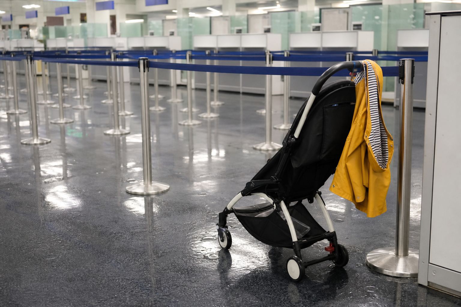 A compact stroller parked beside a queue barrier in a bright hall.