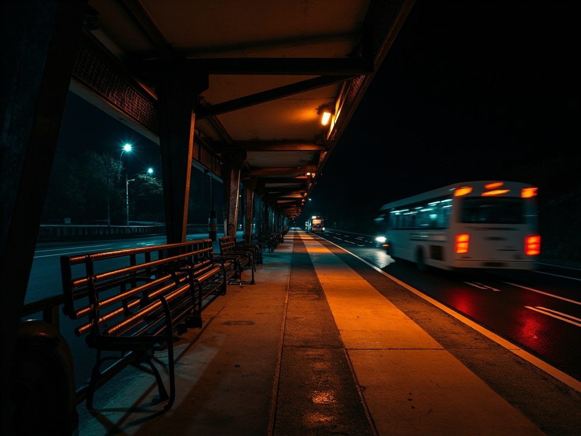 An empty covered bus bay at night with metal benches under orange lights, wet road, and a white bus with blurred tail lights pulling away.
