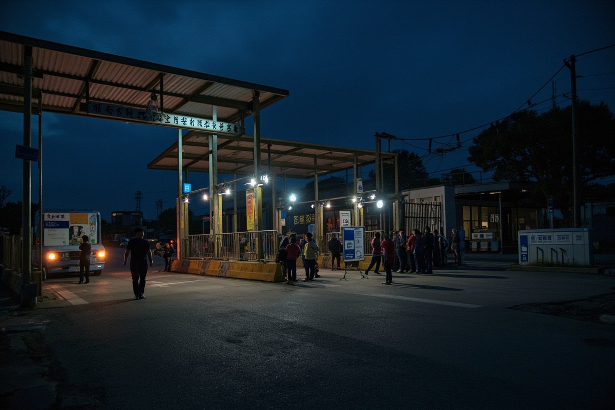 Lok Ma Chau checkpoint entrance at dawn with the first border staff unlocking the gates and a small queue of early morning crossers in soft morning daylight.