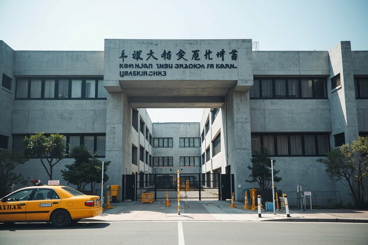 The grey concrete entrance of the Longgang Companion Animal Quarantine Centre on a sunny Shenzhen afternoon, with a taxi pulling up to the gate