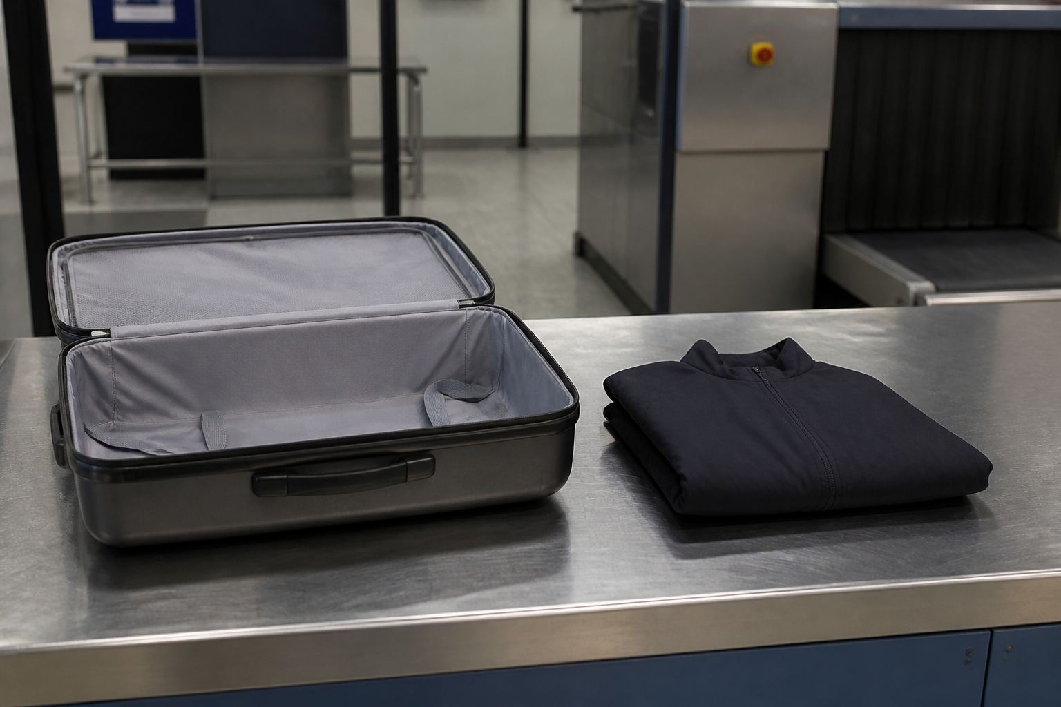 An open suitcase on an inspection table next to a folded jacket.