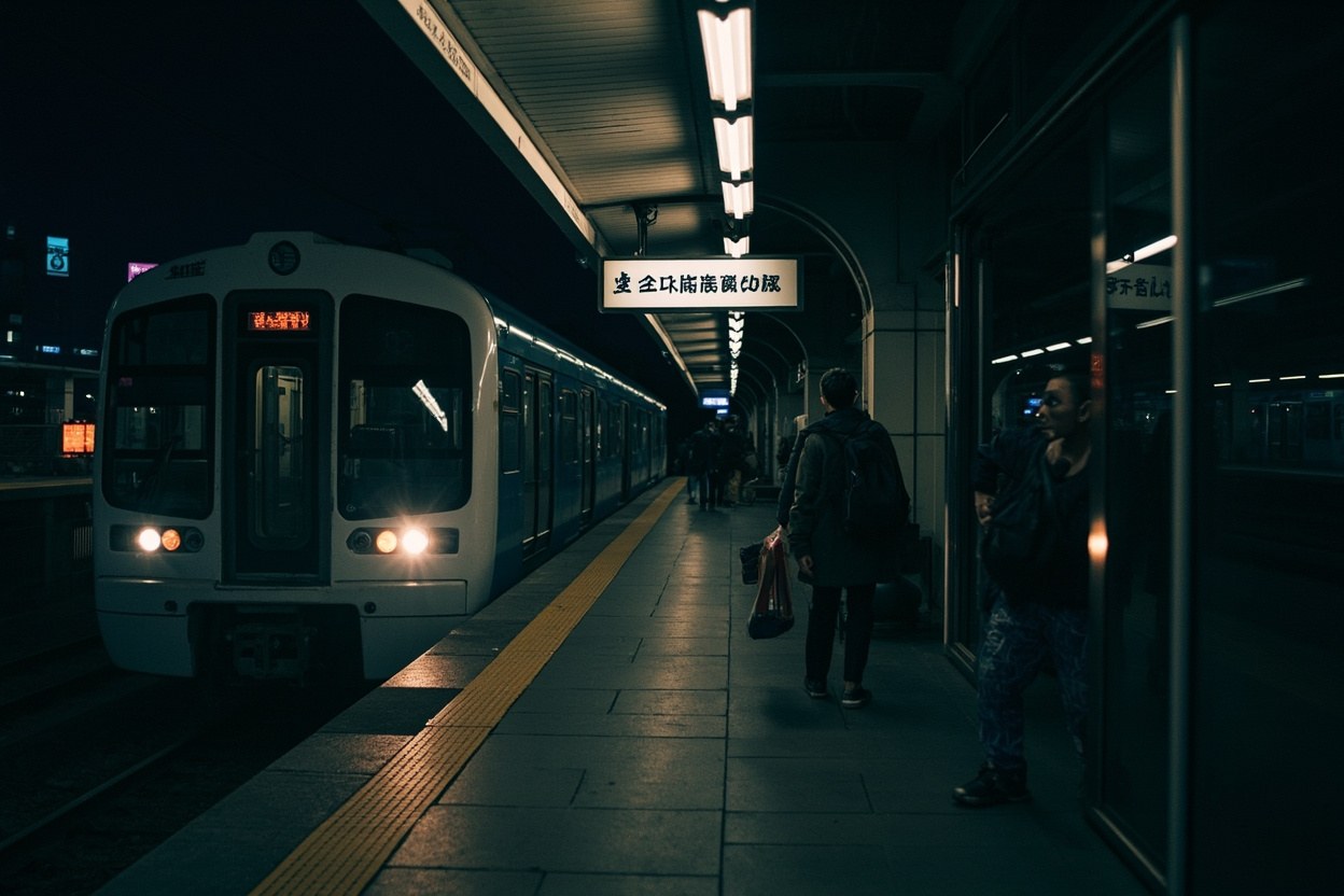 East Rail Line platform at Hung Hom station in the late evening with a Lo Wu train waiting and a few passengers carrying overnight bags under fluorescent daylight.