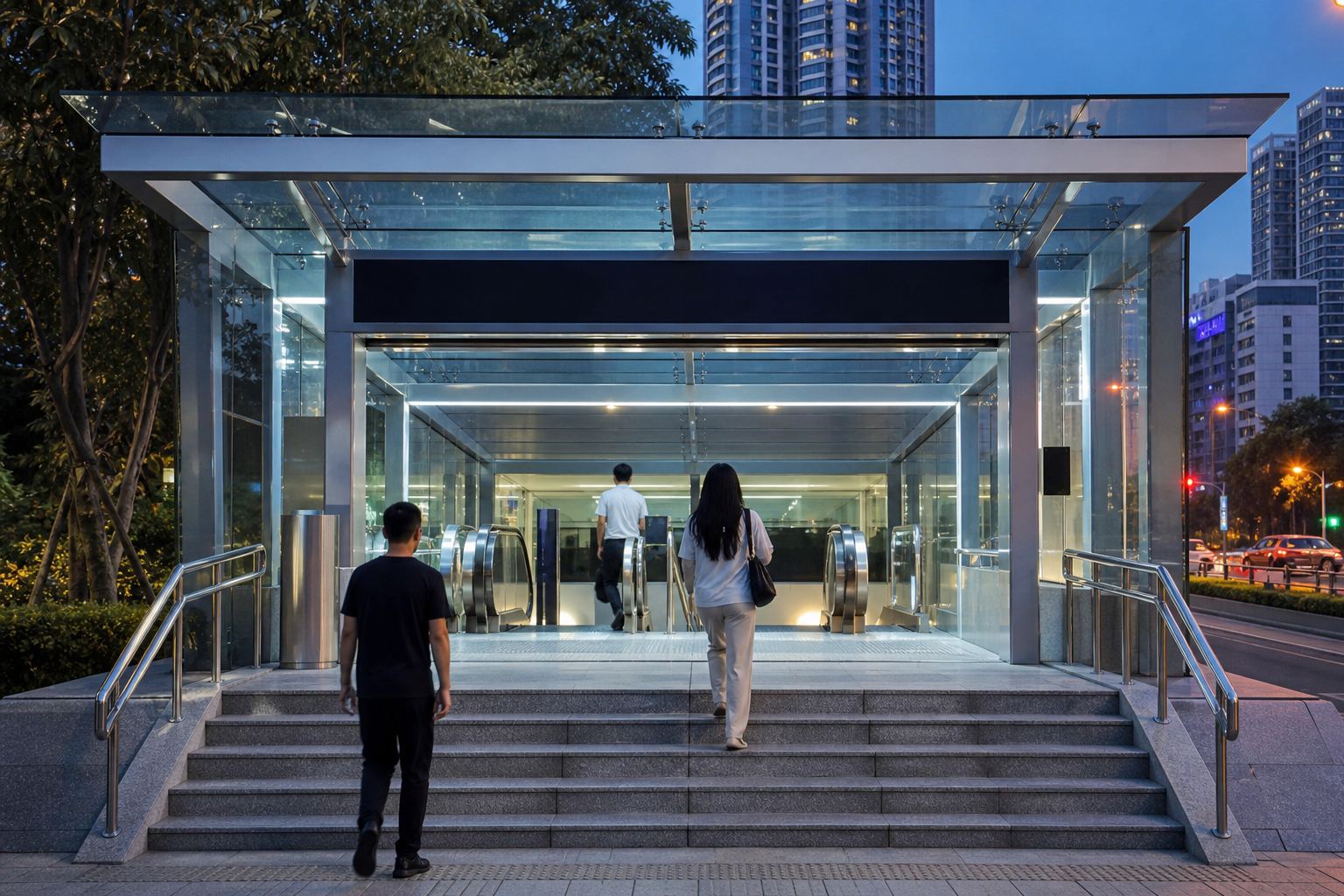 A metro entrance at dusk with a glass canopy.
