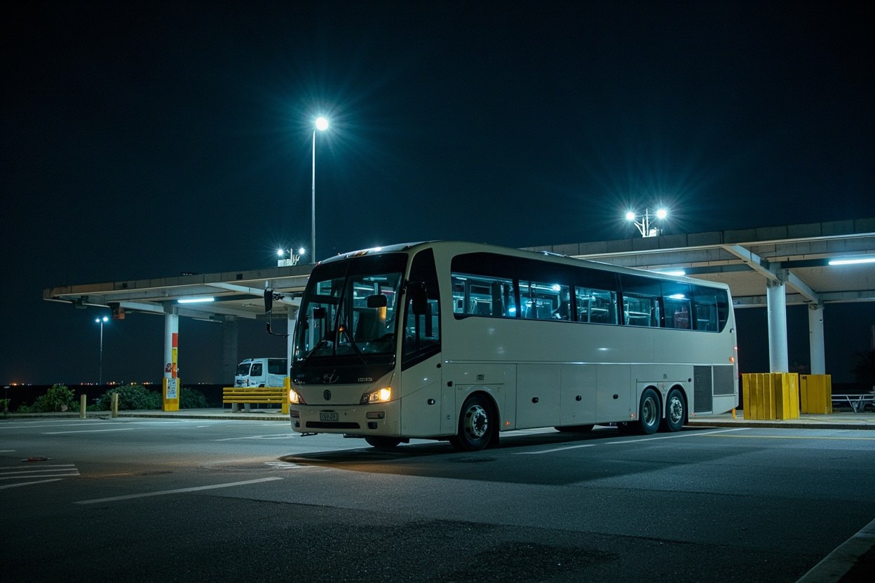 White cross border coach parked at the east Causeway Bay coach pier loading slot under fluorescent canopy lights at one in the morning