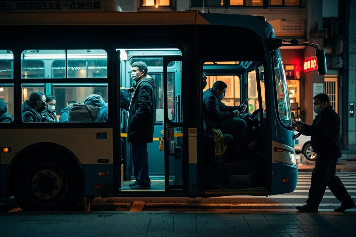 Late night coach pickup on a wet Causeway Bay pavement with passengers and a driver by the open luggage bay under streetlight glare