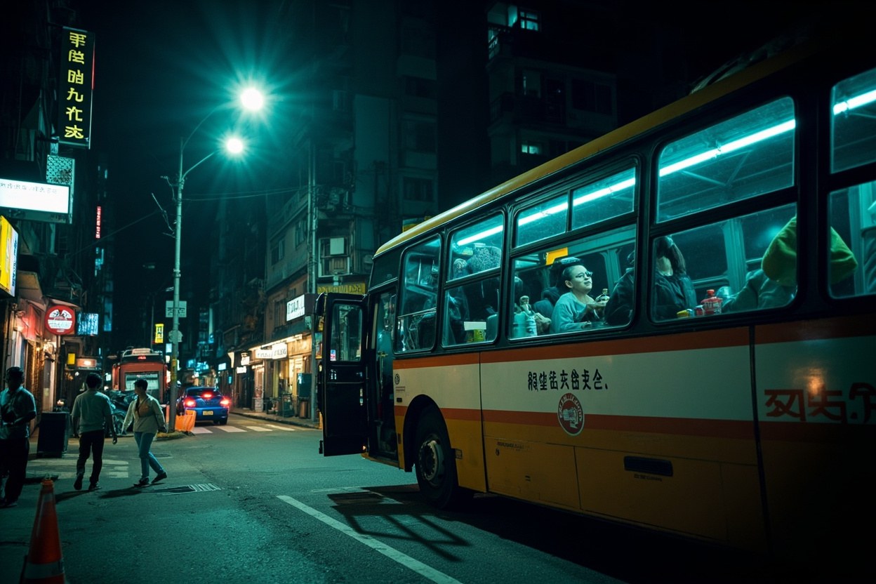 Late night coach kerb in Mong Kok with a Hong Kong to Shenzhen coach idling under streetlights, passengers with small backpacks stepping on board at 01:30 in October 2026.