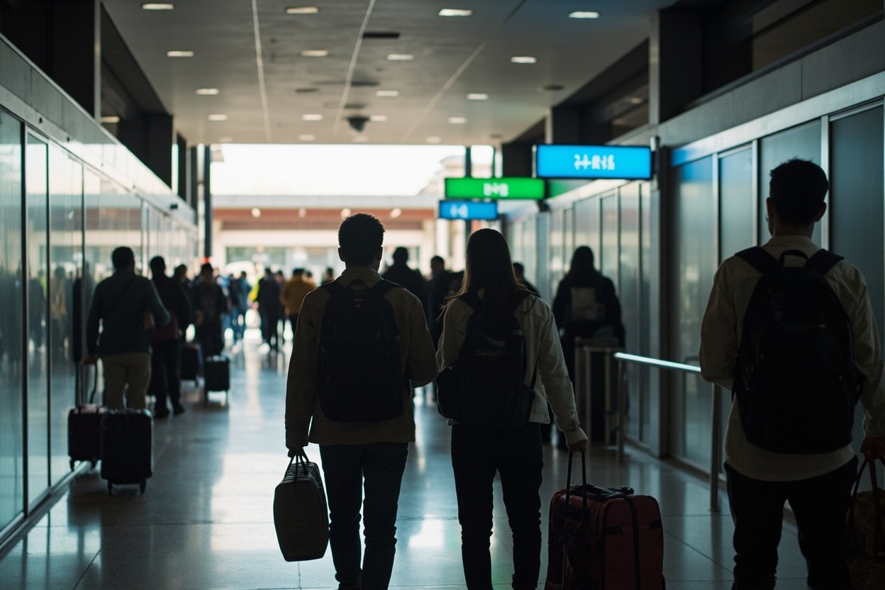 Commuters walking through the late morning border hall at Lok Ma Chau with backpacks and shoulder bags, daylight visible through the far glass doors