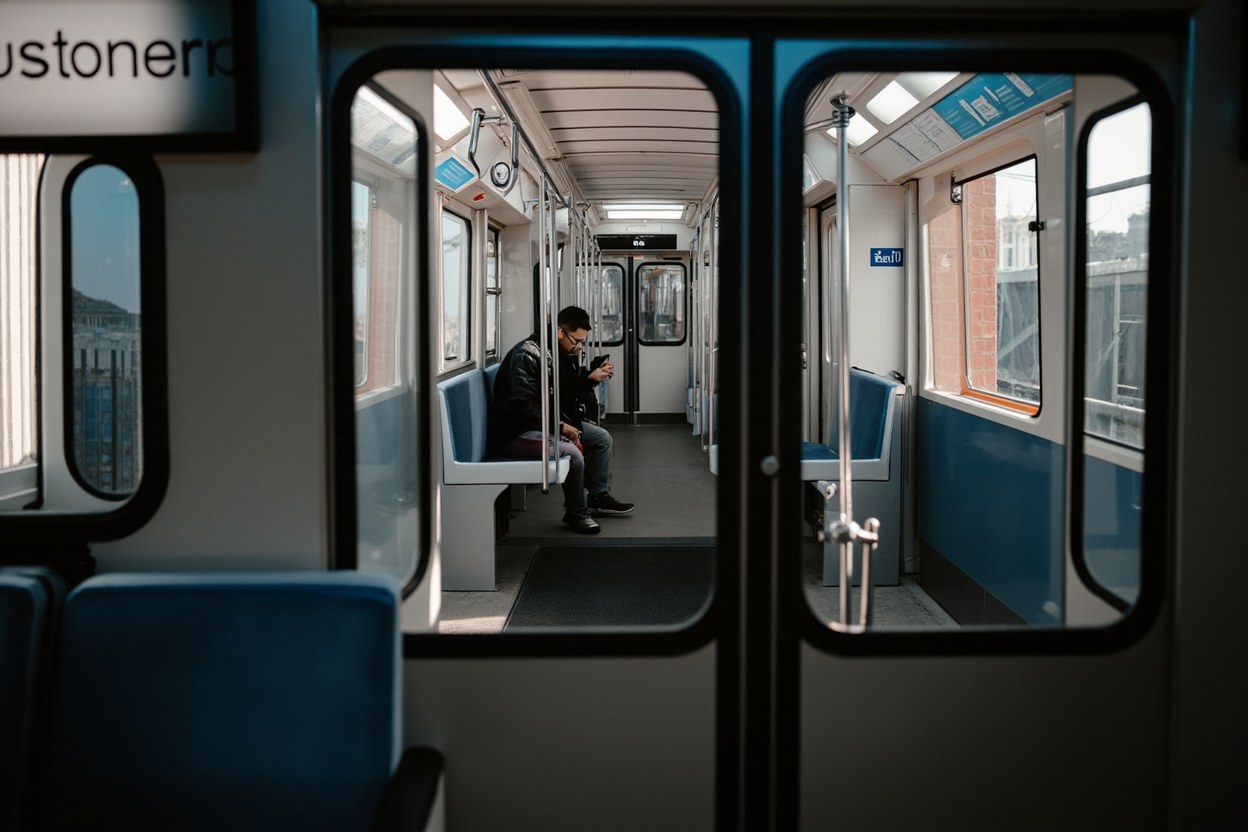 Empty Shenzhen Metro carriage on Line 10 in late morning, a single passenger reading a phone near the doors, station signage blurred in the background