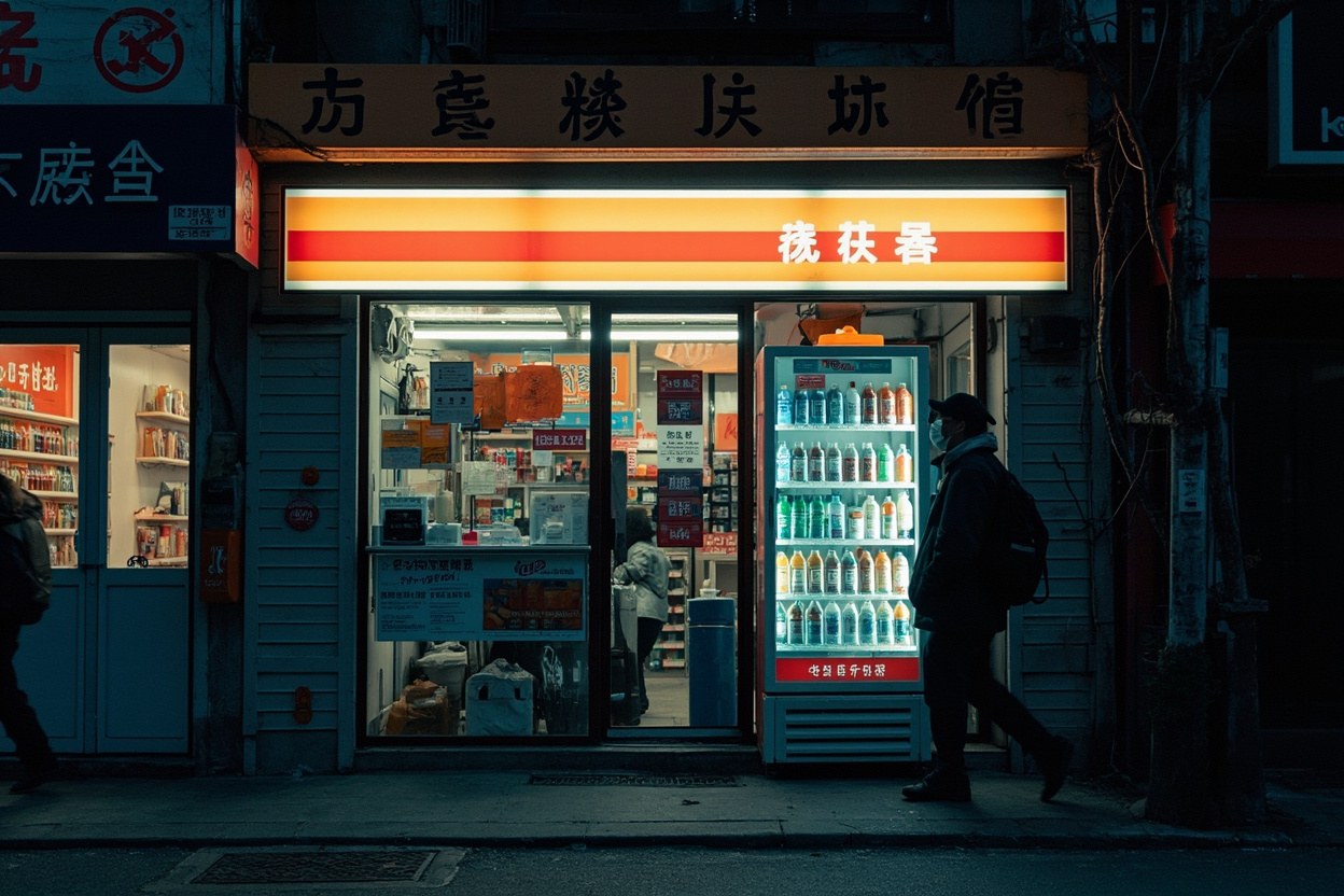 FamilyMart storefront in Futian at dusk, drinks fridge by the entrance lit from within, a pedestrian in a mask walking past, wet pavement reflecting neon daylight
