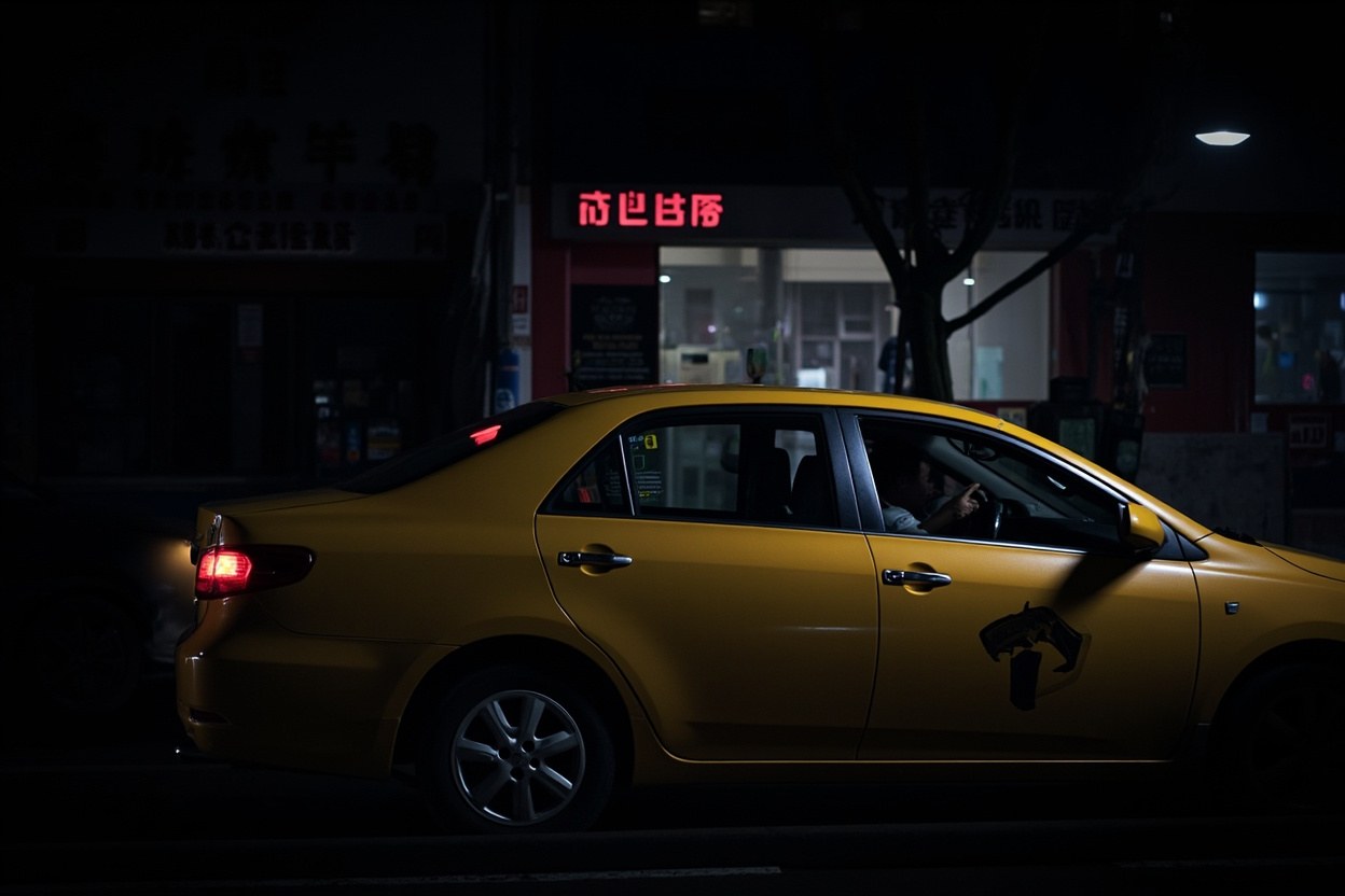 Night street scene in Luohu with a Hong Kong licensed taxi idling under a sodium lamp, plate visible, driver window open, Shenzhen tower blocks behind in soft focus