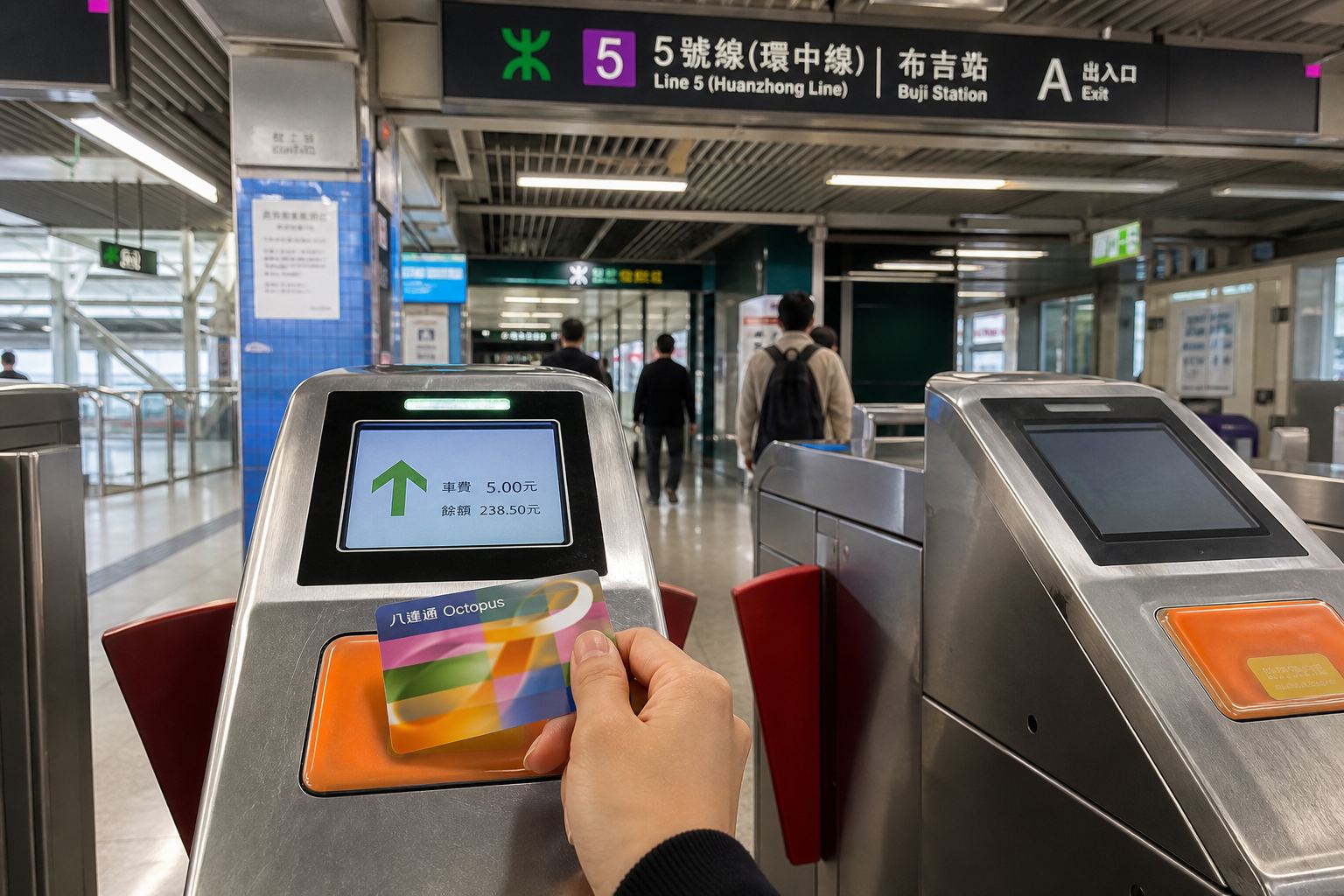 A hand tapping an Octopus card on a Shenzhen metro gate.