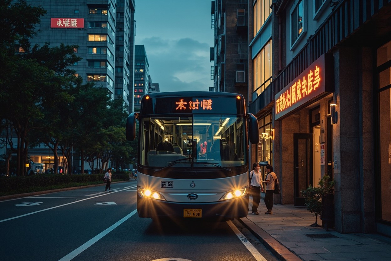Direct hotel coach parked at a Shenzhen hotel entrance at dusk