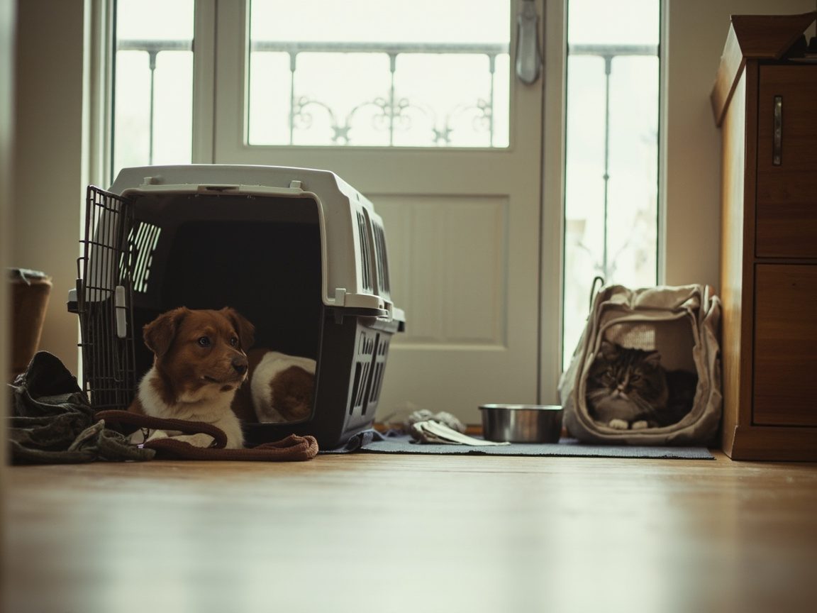 A brown and white dog lying in an open plastic travel crate by the front door of a flat, beside a tabby cat in a soft carrier, a steel water bowl and a folded lead.