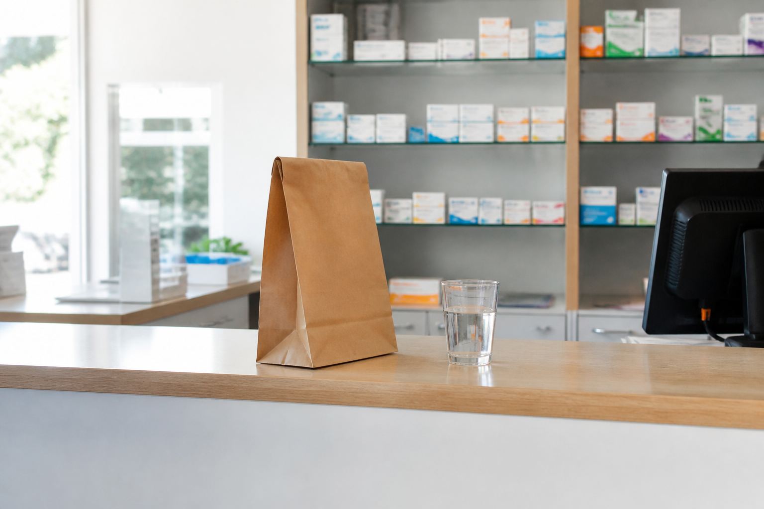 A paper pharmacy bag and a glass of water on a small counter.