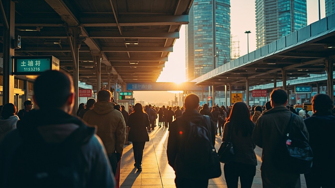 Pedestrians queuing along covered walkways at a Hong Kong border control point at dusk, soft warm light on the building, no text or signage visible