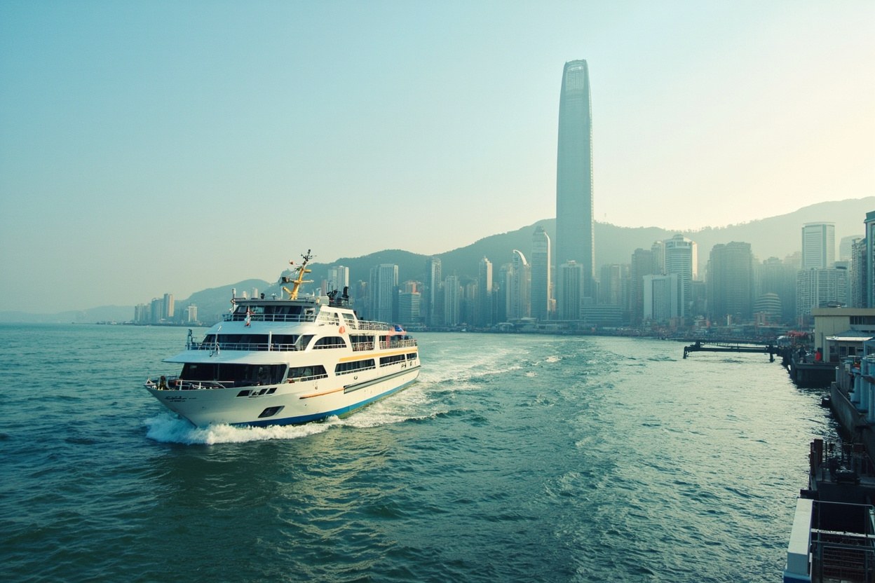Catamaran approaching Shekou Cruise Home Port with Nanshan skyline in the background on a clear autumn morning, small boats moored in the foreground harbour, daylight