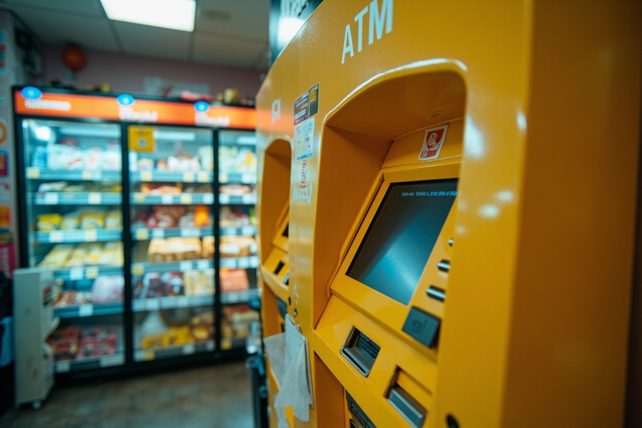 Bright yellow Cashnet ATM mounted on a wall inside a convenience store in Shenzhen, with snack shelves in the background and daylight streaming through the front door