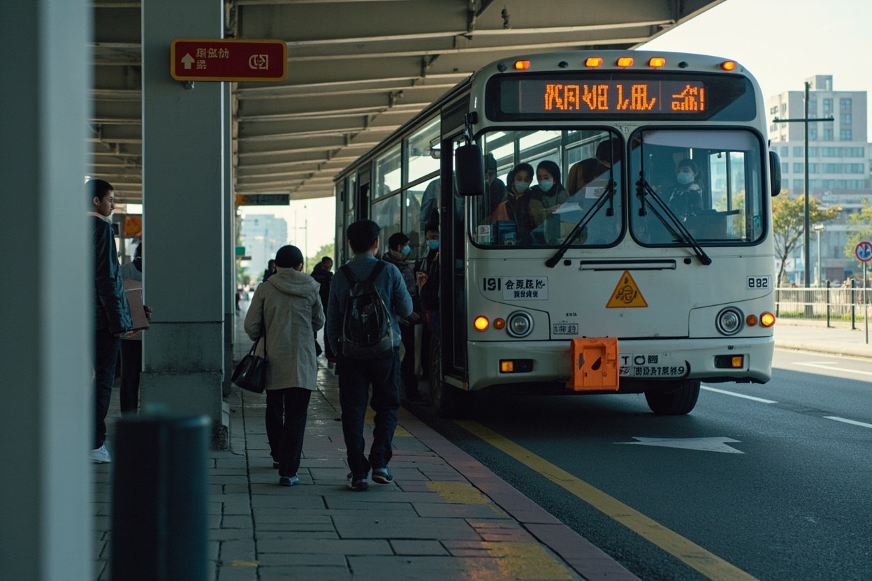 Passengers boarding a white cross border bus at a covered bay under bright daylight