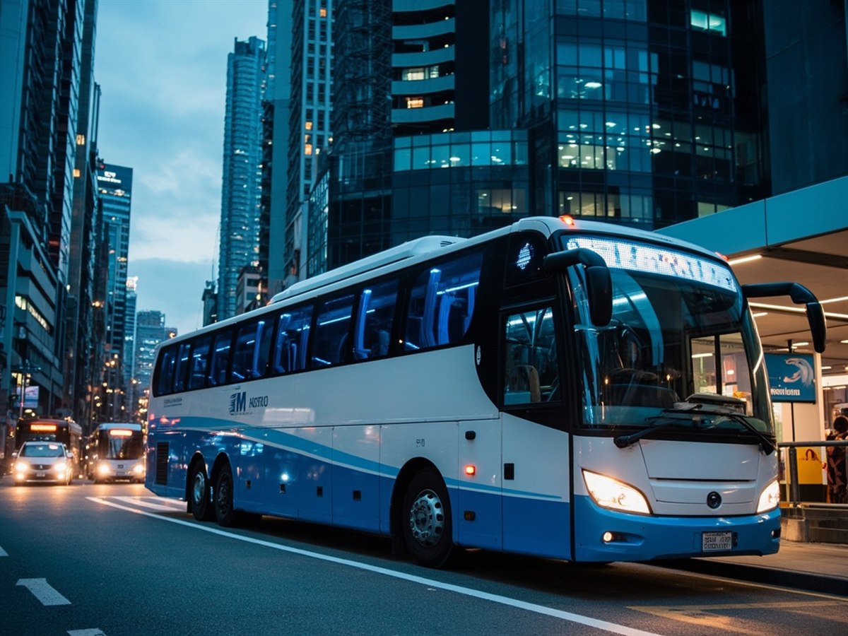 A cross-border coach parked at the Wan Chai pickup area at dusk, Hong Kong skyline in the background
