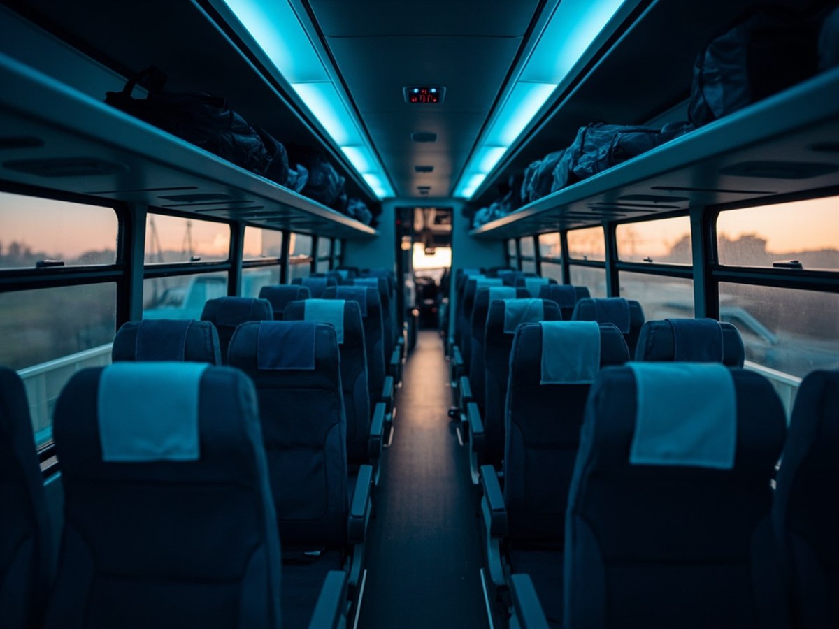Empty coach interior with reclining seats and an overhead luggage rack, dusk light through tinted windows