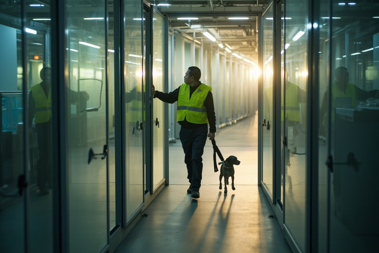 A guide in a hi-vis vest walks a small dog through a glass-walled animal inspection lane at a Shenzhen port in soft morning daylight.