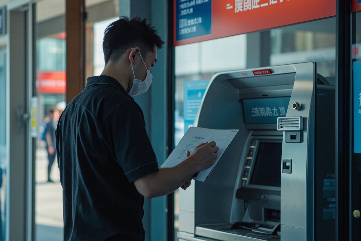 Hong Kong resident inside a Bank of China branch in Luohu district using an ATM in daylight, with a security guard visible in the lobby and signage in English and Chinese above the machine
