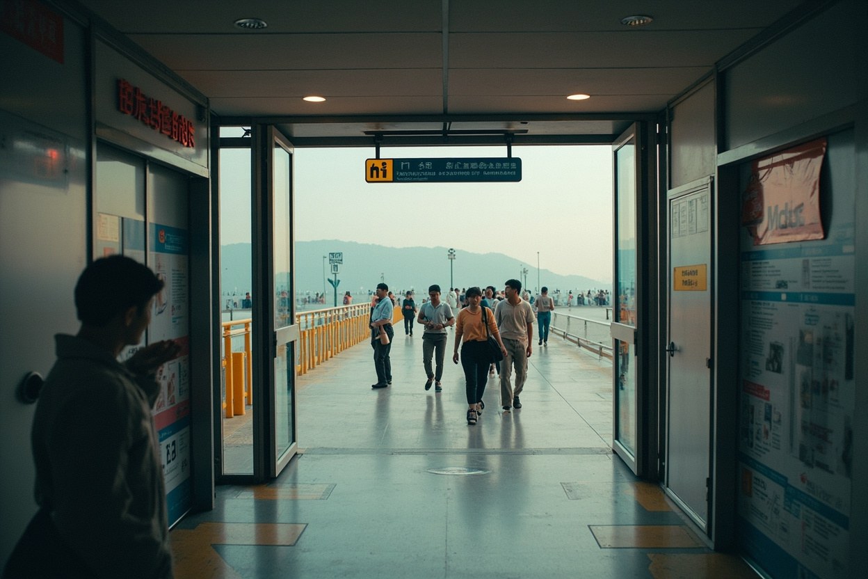 E-gate corridor at a Shenzhen land crossing with travellers walking through in daylight