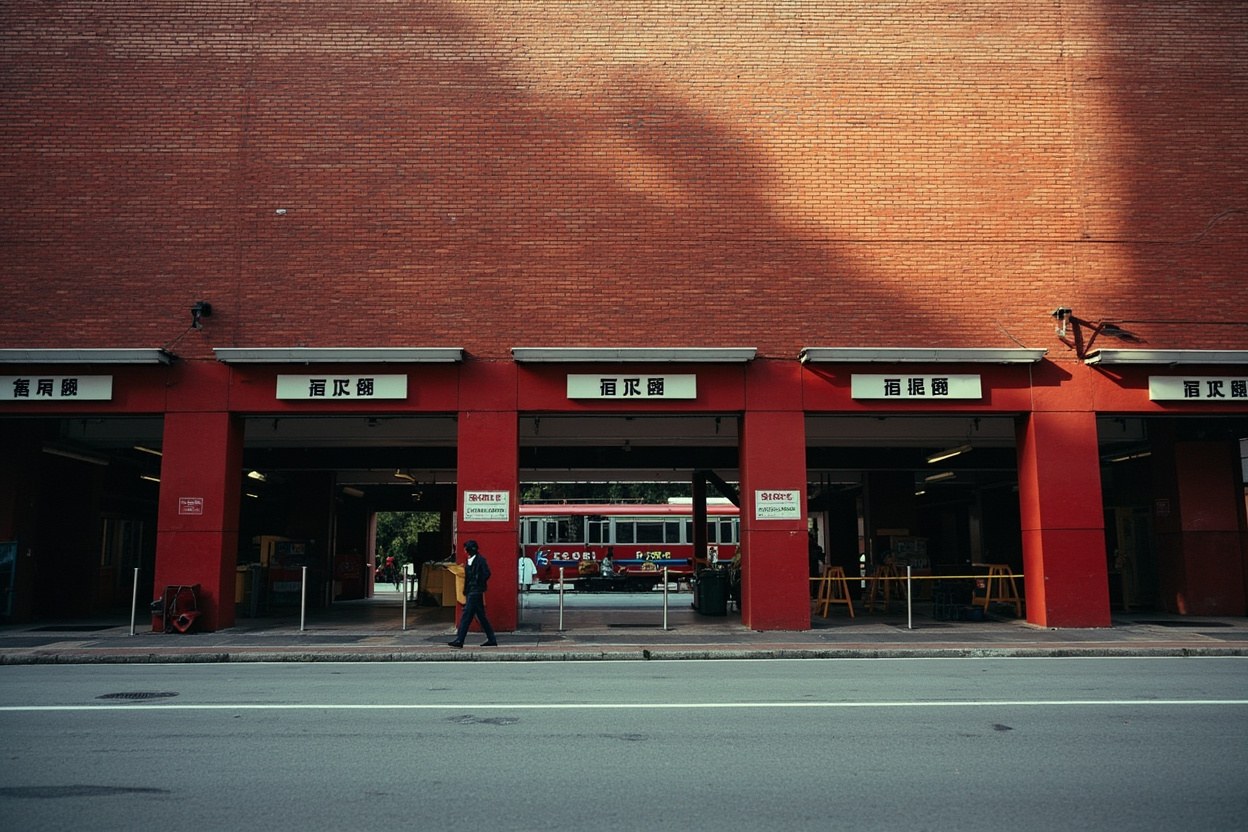 Red brick coach hall with bilingual signage at Buji under late morning daylight