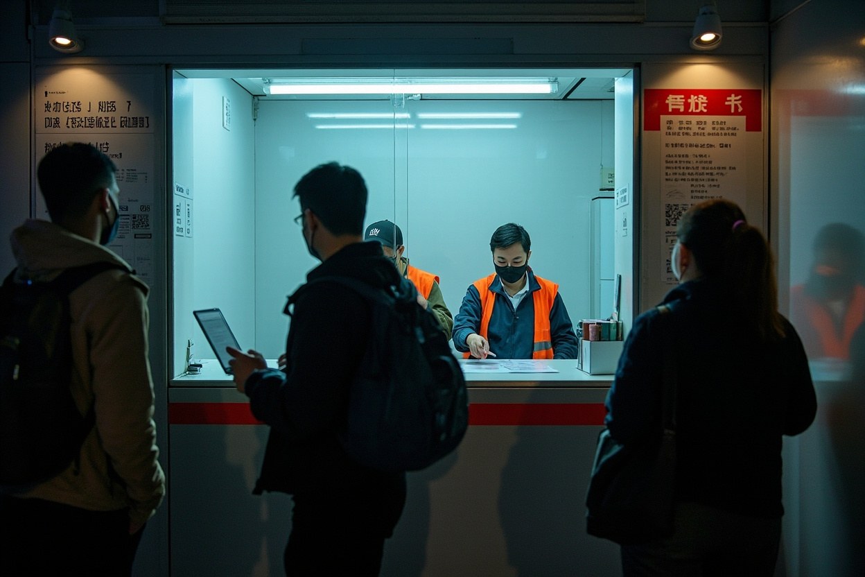 Ticket window lit up at a cross border coach hall with two staff in high vis vests, a small queue of day trippers with backpacks, and a digital departure board showing Shenzhen bay and Huanggang in the late evening